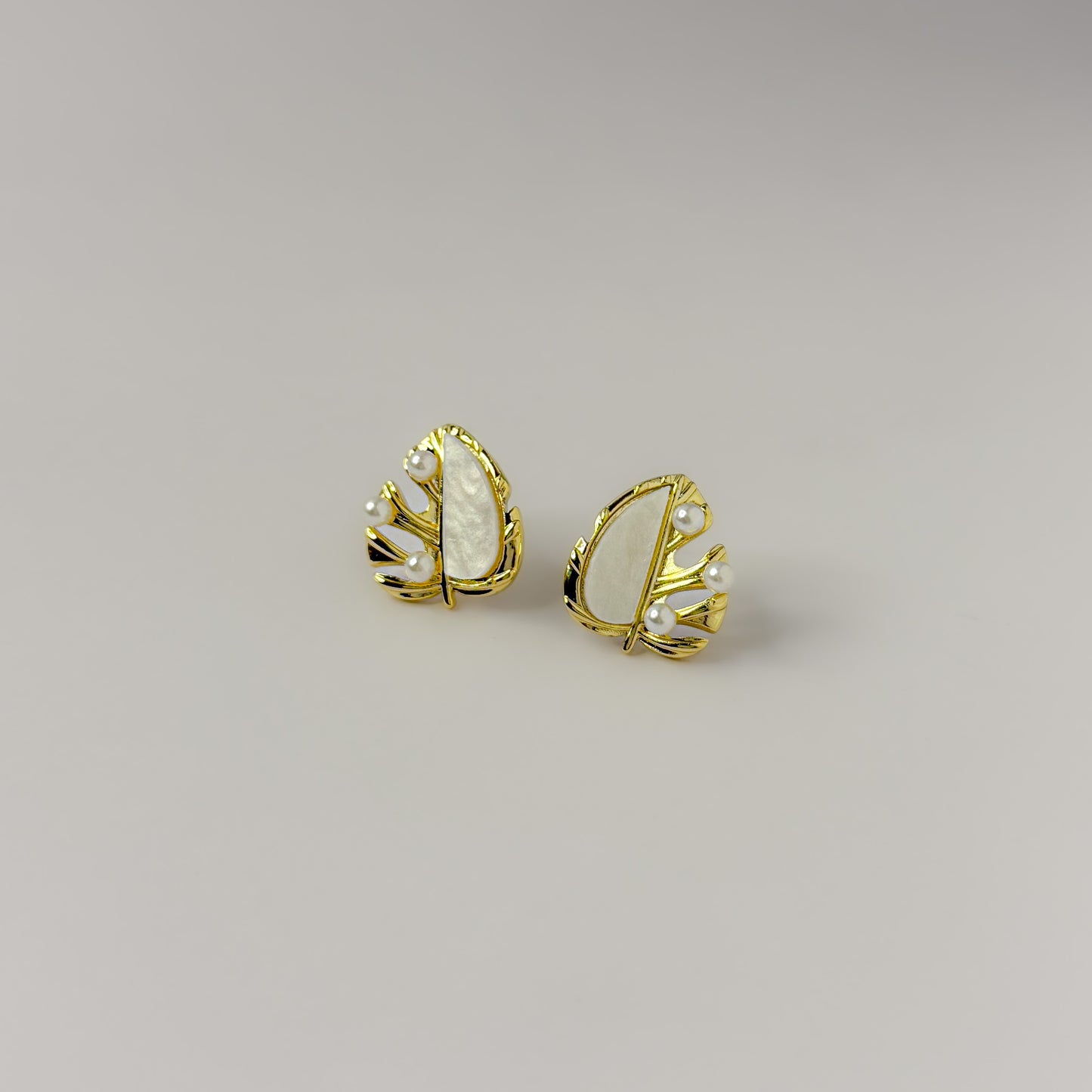 18K Gold Plated Leaf MOP Stud Earrings