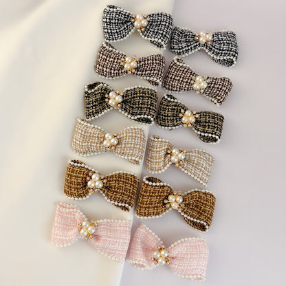 Tweed Pearl Bow Clip Set