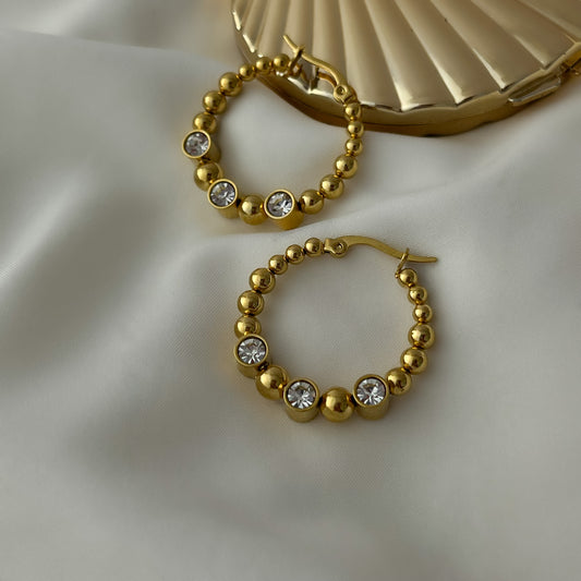 18K Gold Ball Hoops with AD Stone Earrings