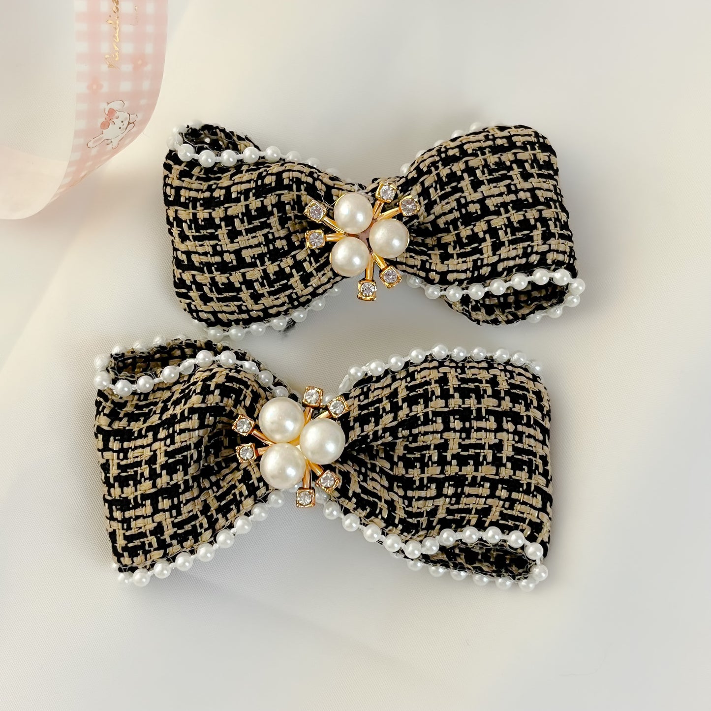 Tweed Pearl Bow Clip Set