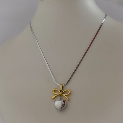 18K Gold Plated Two-Toned Bow Heart Drop Necklace