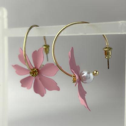 Korean Flower Statement Earrings - Pink