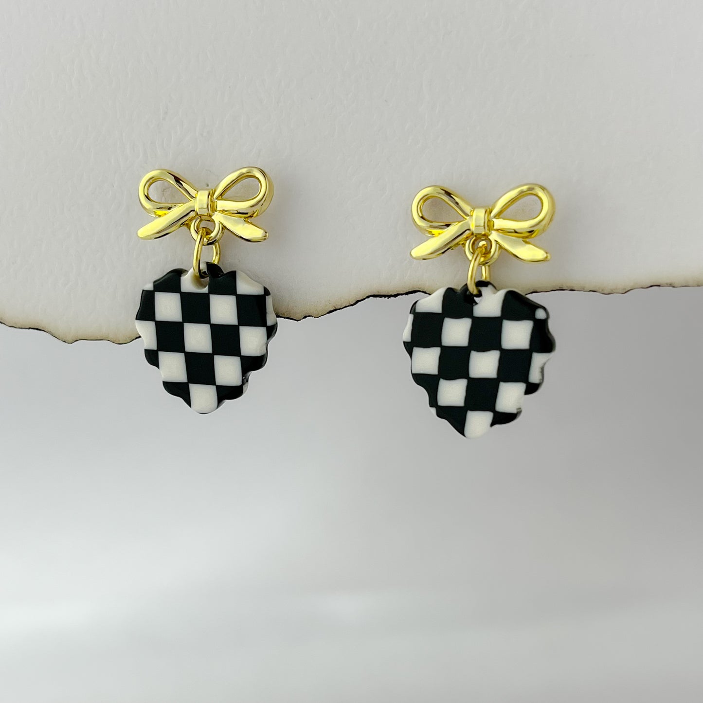 Korean Checks Heart Bow Earrings