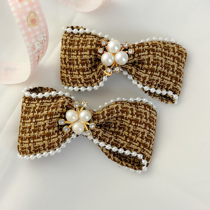 Tweed Pearl Bow Clip Set