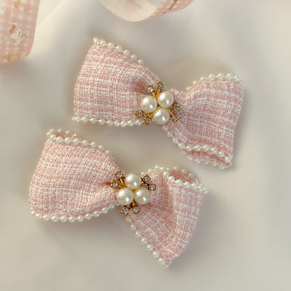 Tweed Pearl Bow Clip Set