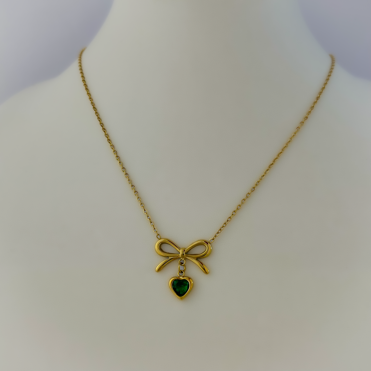 18K Gold Plated Green Stone Heart Bow Necklace