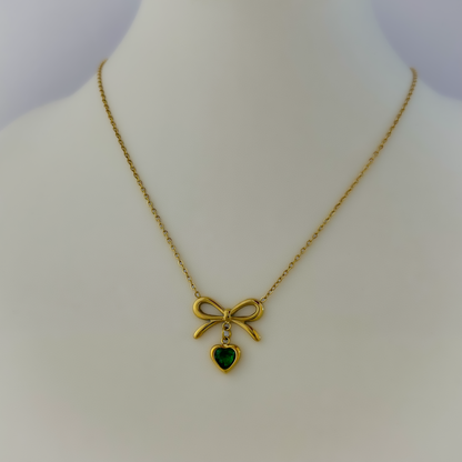 18K Gold Plated Green Stone Heart Bow Necklace