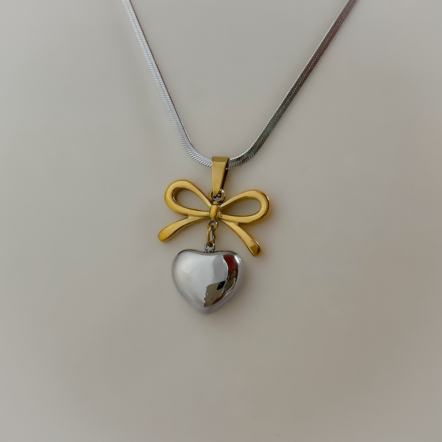 18K Gold Plated Two-Toned Bow Heart Drop Necklace