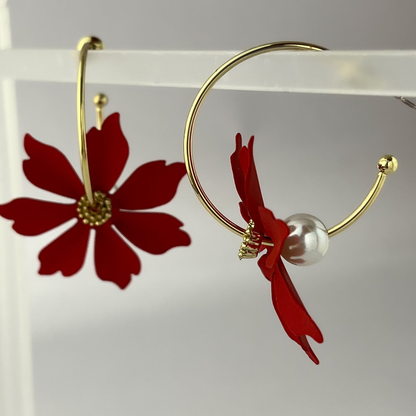 Korean Flower Statement Earrings - Red