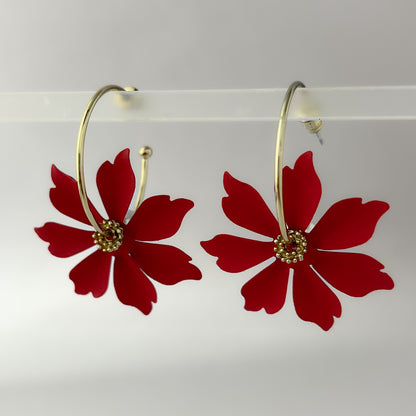 Korean Flower Statement Earrings - Red