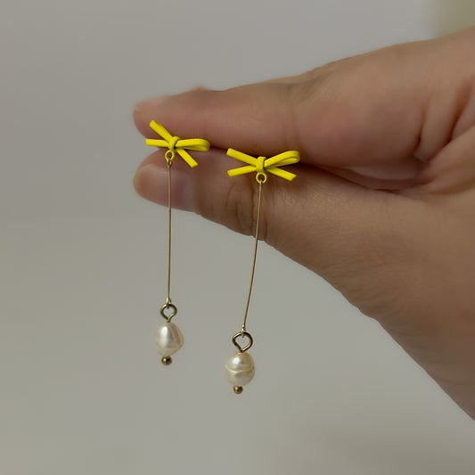 Yellow Bow Pearl Drop Earrings