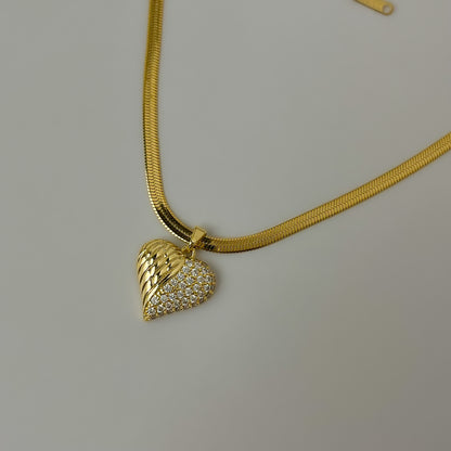 18K Gold Plated AD Stone Solid Heart Necklace