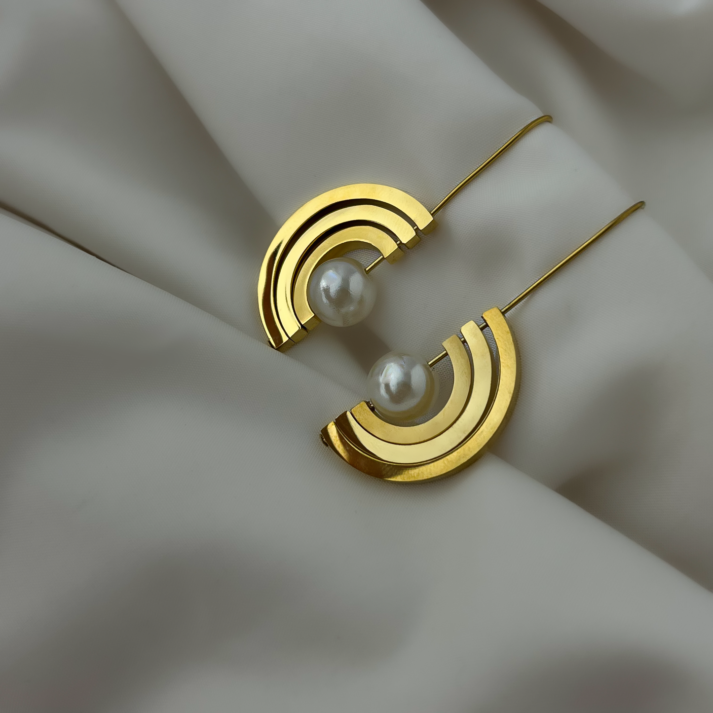 18K Gold Plated Trinity Pearl Hook Earrings