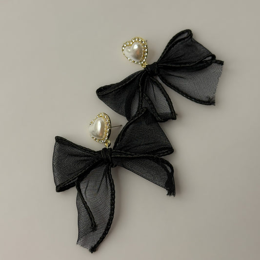 Korean Black Ribbon Bow Earrings