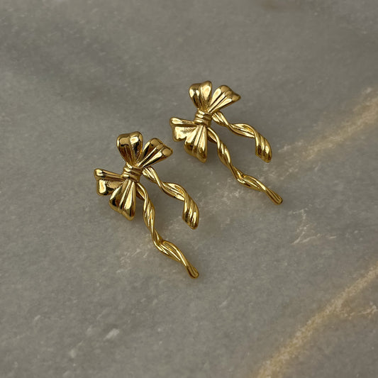 18K Gold Plated Statement Ribbon Bow Earrings