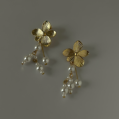 Korean Flower Pearl Drop Earrings