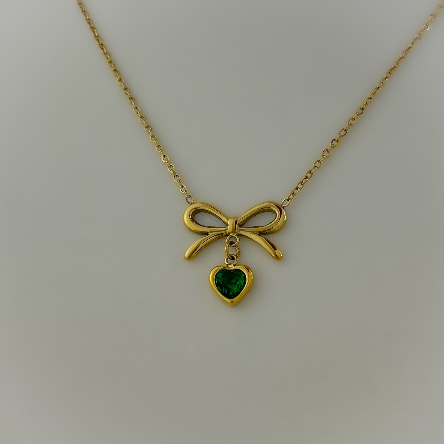 18K Gold Plated Green Stone Heart Bow Necklace