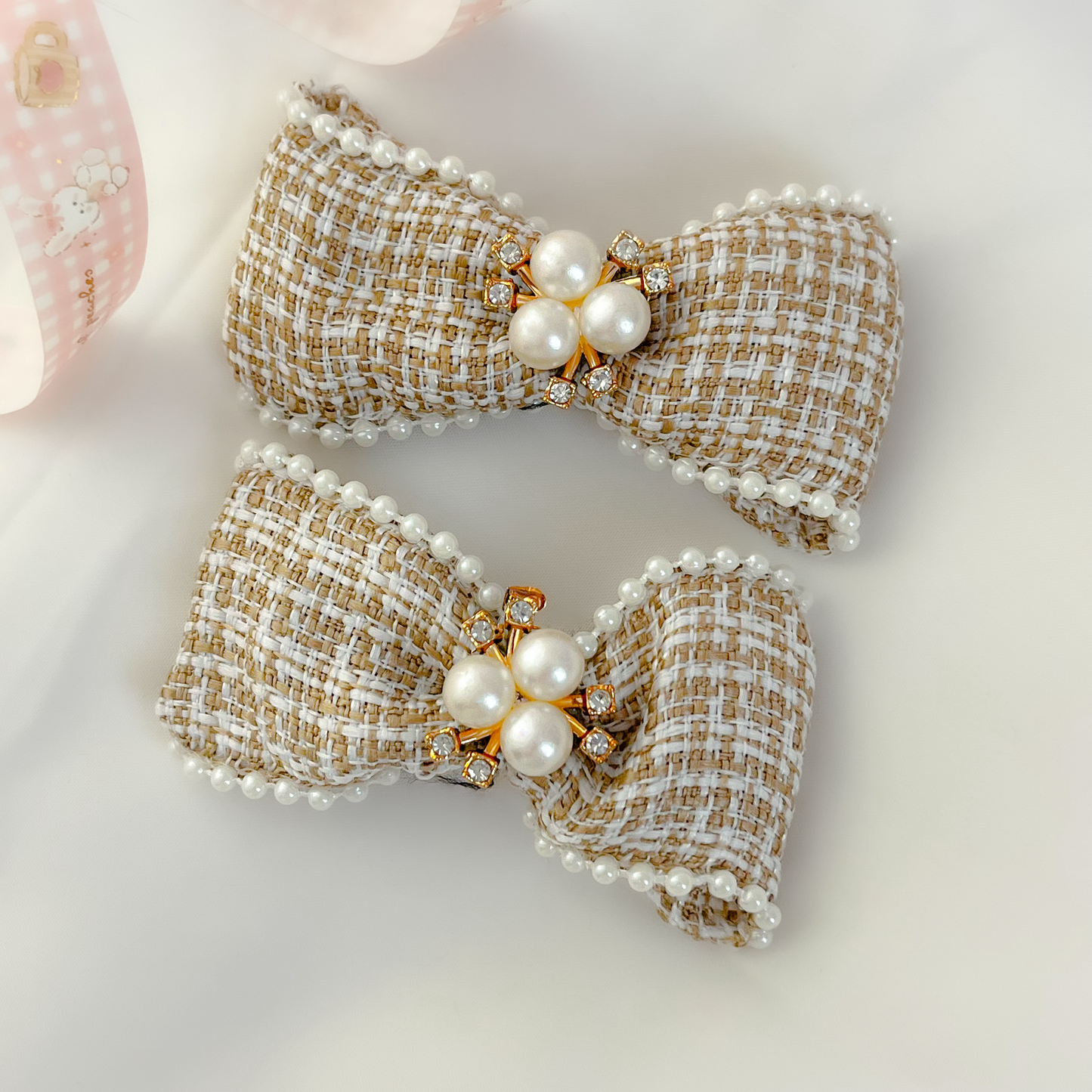 Tweed Pearl Bow Clip Set