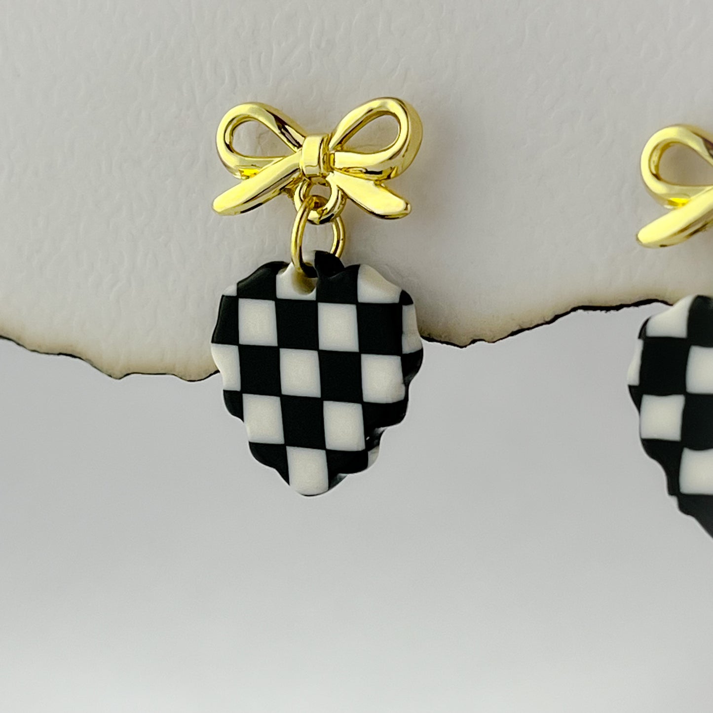 Korean Checks Heart Bow Earrings