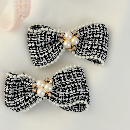 Tweed Pearl Bow Clip Set