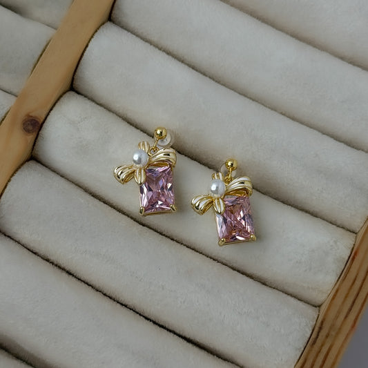 18K Gold Plated Pink Stone Drop Earrings